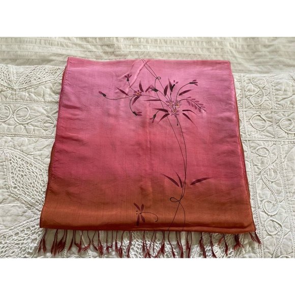 100% Silk Hand Painted Rectangular Scarf Dragonfly Design 16" X 60" Ombre Pink - Picture 5 of 16